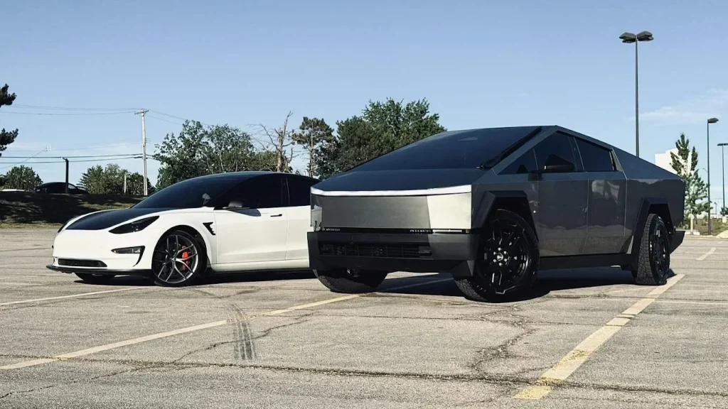 Tesla Cybertruck receiving premium paint protection film and ceramic coating at Express Window Tinting in St. Louis.